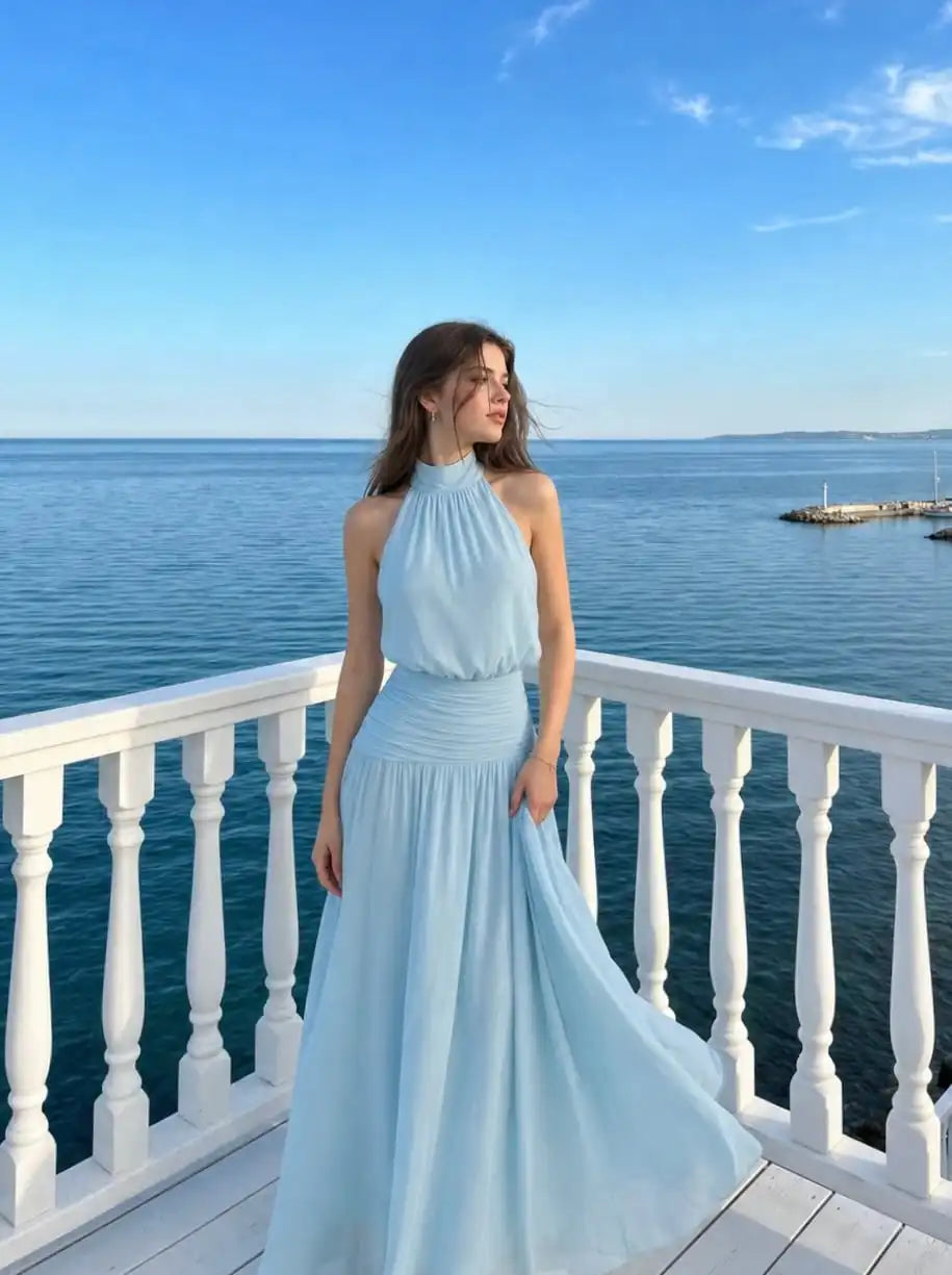 Chiffon Halter Neckline Backless A-Lined Maxi Dress