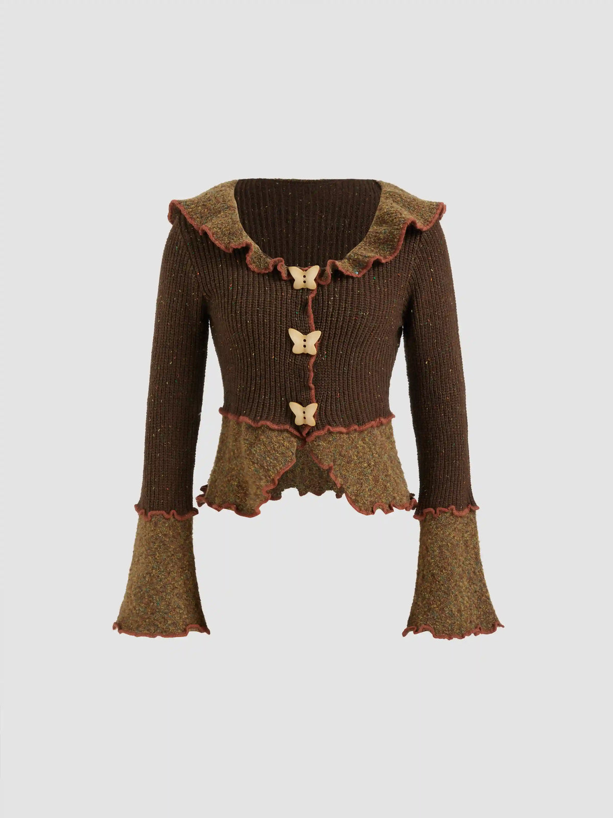 Wool-blend Knit Collar Lettuce Trim Butterfly Button Long Sleeve Top