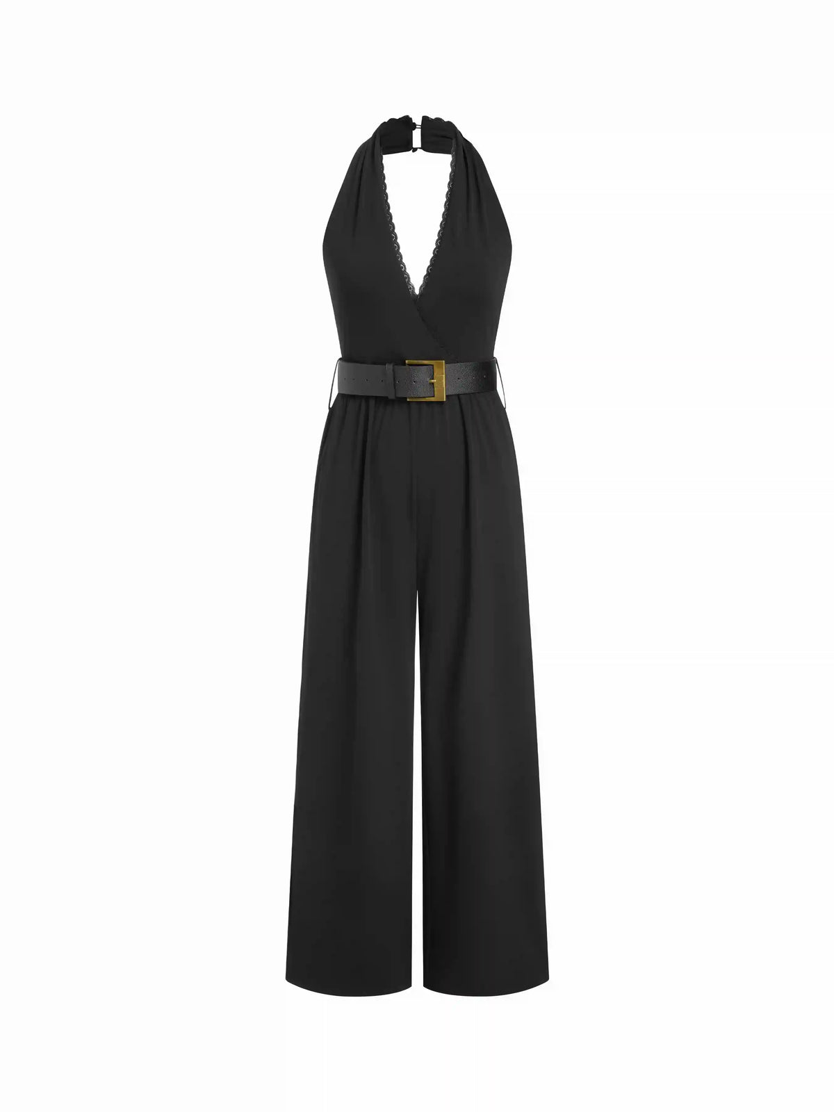 Halter Neckline Lace Trim Wide Leg Jumpsuit With Belt