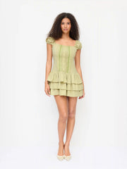Cotton-blend Square Neck Lantern Sleeve Lace Panel Tiered Mini Dress