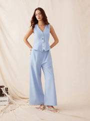 V-neck Metal Button Pocket Wide Leg Jumpsuit