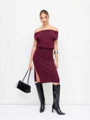 Knit Wool-blend Off-shoulder Split Midi Pencil Dress
