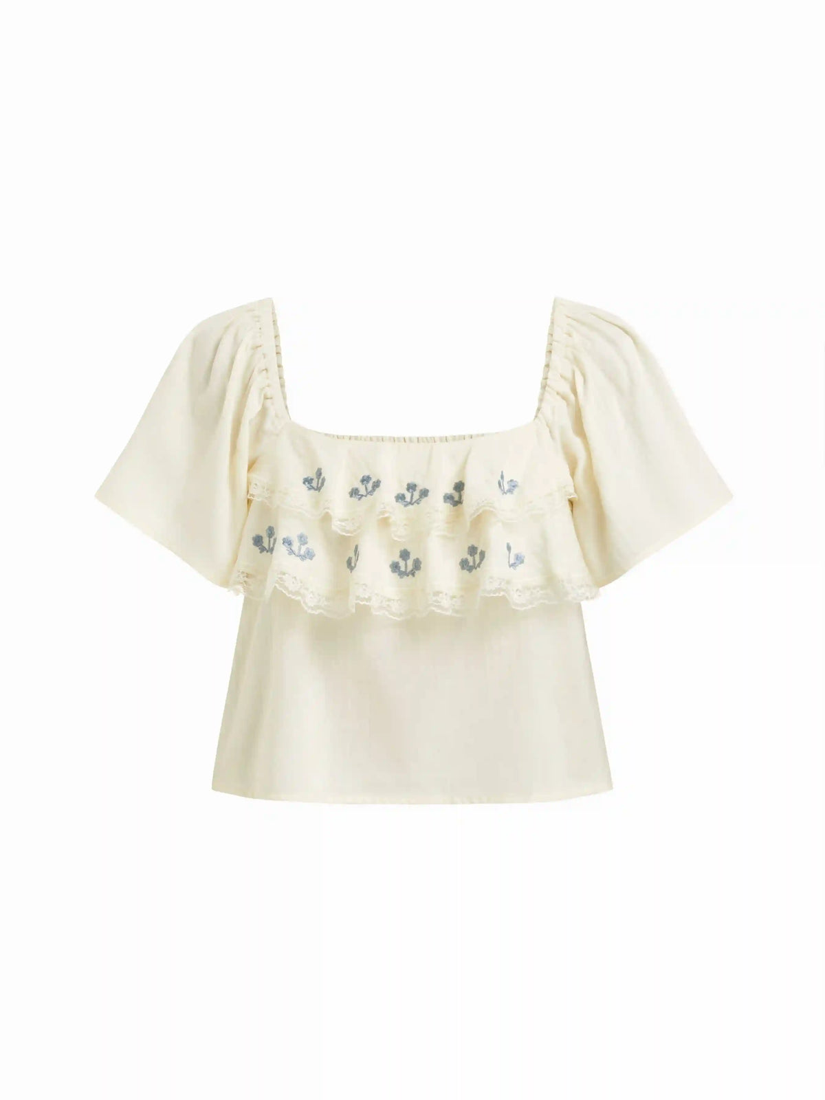 Cotton-blend Floral Embroidery Square Neck Ruffle Sleeve Blouse