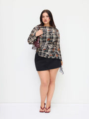 Mesh Boat Neck Rose Plaid Ruffle Hem Top Curve & Plus
