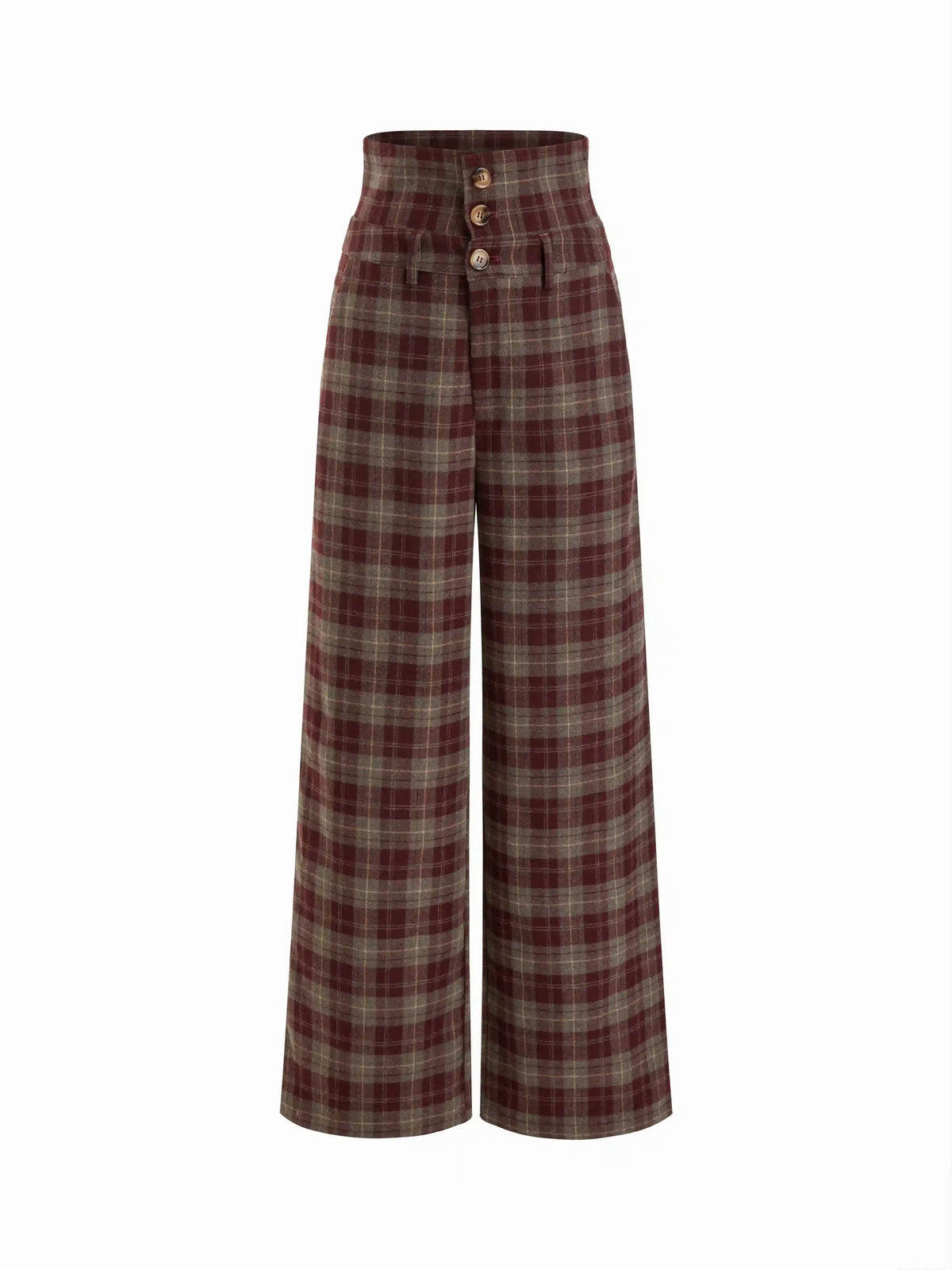 Wool-look Mid Rise Plaid Fold Over Button Straight Leg Trousers