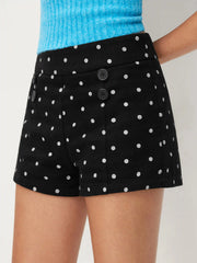 Cotton-blend Mid Rise Polka Dot Button Front Micro Shorts
