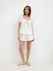 Cotton-blend Stripe Tie Front Oversized Top &  High Rise Lettuce Trim Shorts Set