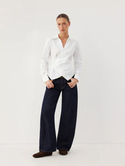 Cotton-blend V-Neck Wrap Long Sleeve Blouse