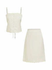 Satin Lace Trim Button Cami Top & Mid Rise Midi Skirt Set