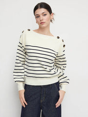 Knit Boat Neck Striped Button Long Sleeve Top