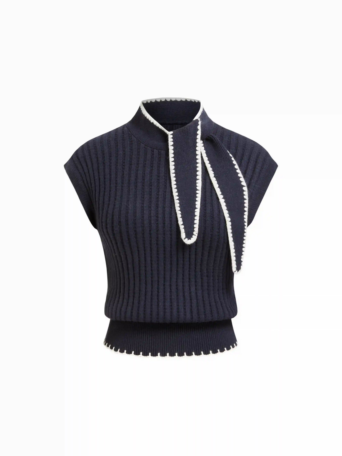 Knit High Neck Knotted Two Tone Top With Scarf