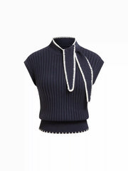 Knit High Neck Knotted Two Tone Top With Scarf