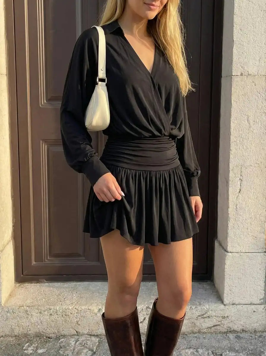 Ruched Batwing Sleeve A-line Mini Dress