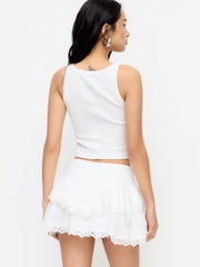 Jacquard Floral Embroidery Lace Ruffle Tiered Mid Rise Mini Skirt