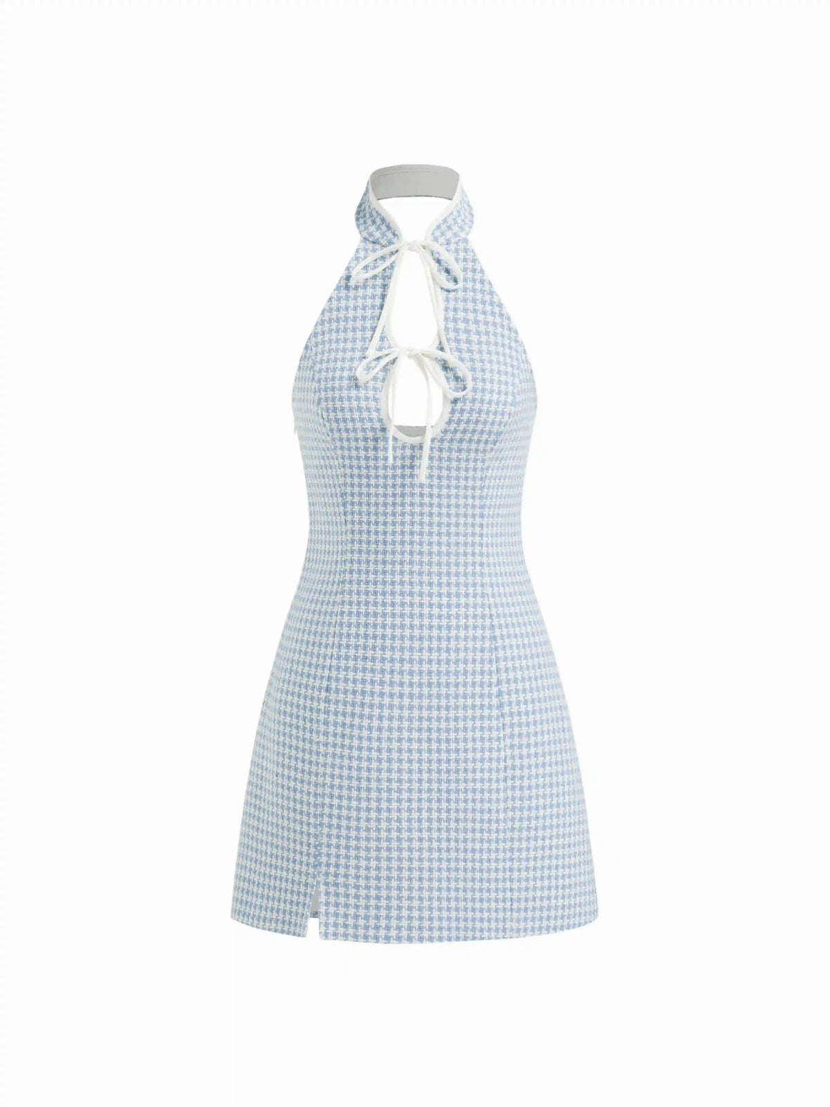 Tweed Mandarin Collar Cut Out Knotted Mini Dress