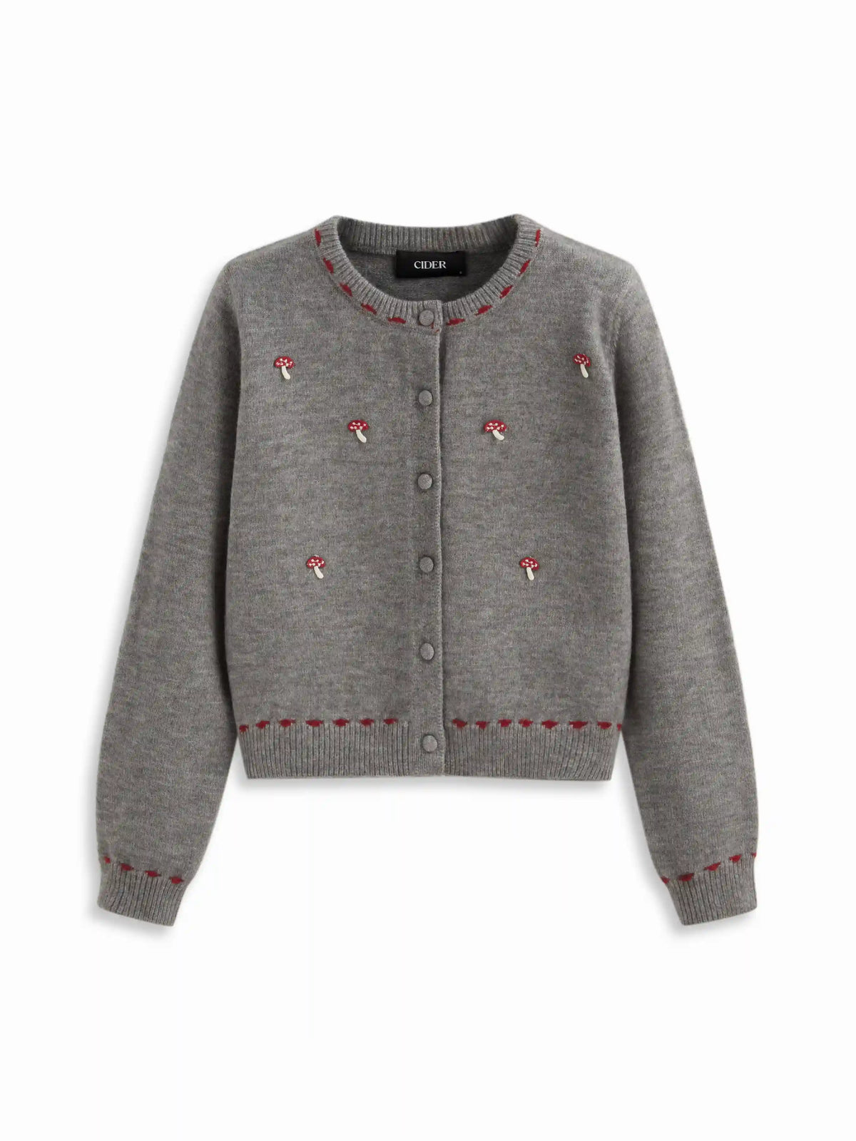 Knit Round Neckline Contrast Stitch Mushroom Embroidery Cardigan