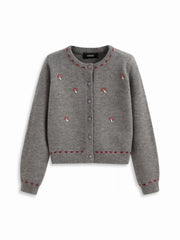 Knit Round Neckline Contrast Stitch Mushroom Embroidery Cardigan