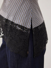 Cotton-blend Checks Lace Panel Asymmetrical Hem Short Sleeve Blouse