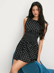 Cotton-blend Polka Dot Bowknot Shirred A-Line Mini Dress
