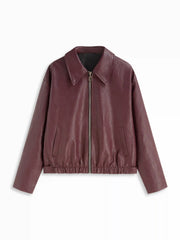 Faux Leather Collar Long Sleeve Zip Through Biker Jacket