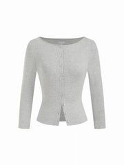 Boat Neck Button-front Long Sleeve Top