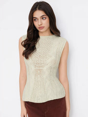 Cable Knit Round Neckline Cinched Waist Longline Vest