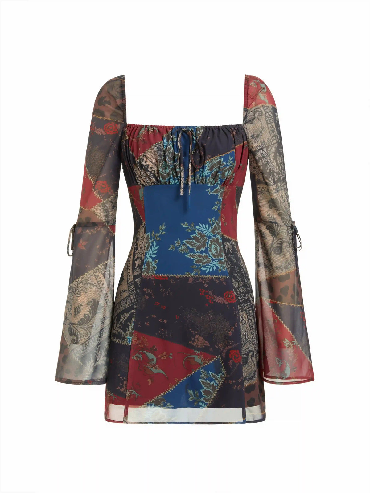 Chiffon Floral Square Neck Drawstring Bell Sleeve Mini Dress