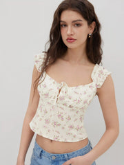 Ditsy Floral Knotted Lettuce Trim Crop Tank Top