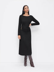 Boat Neck Metal Button Ruched Midi Dress