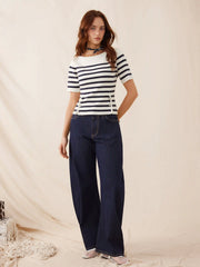 Knit Striped Boat Neck Metal Detail Short Sleeve Top