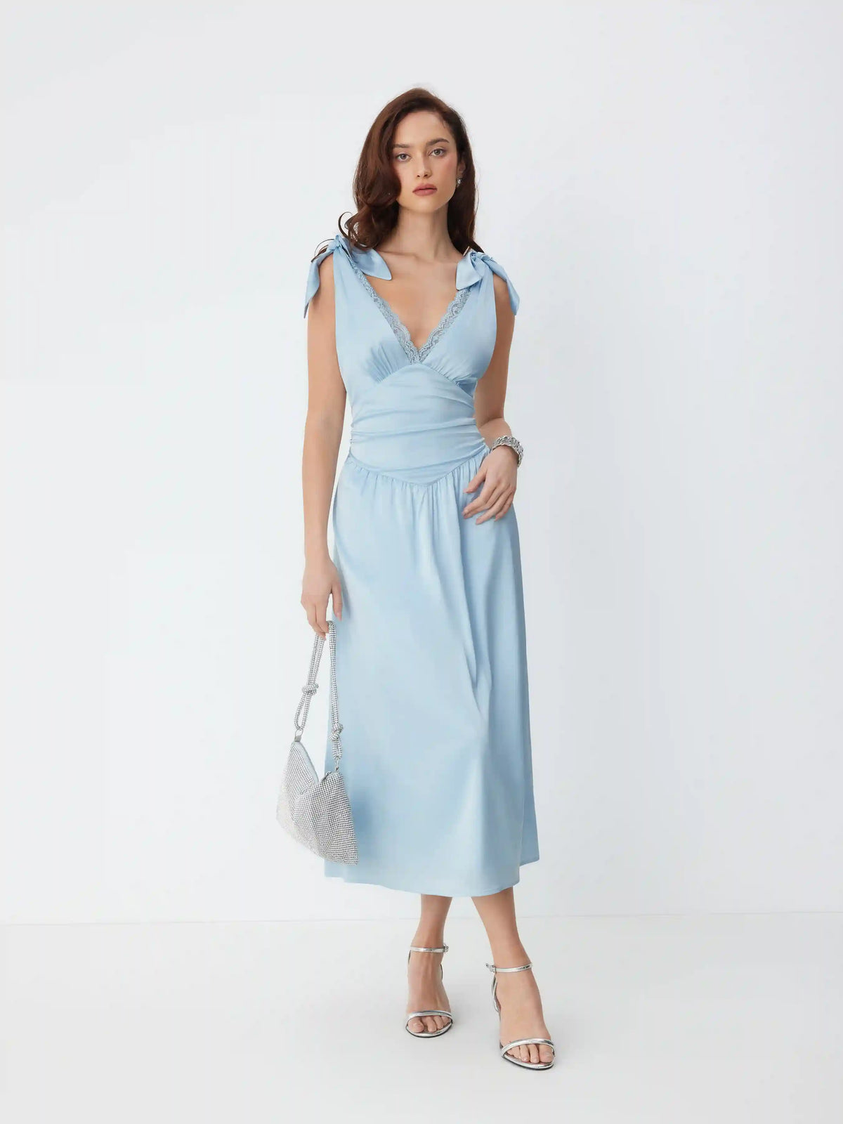 Satin V-neck Lace Trim Sleeveless Flared Maxi Dress