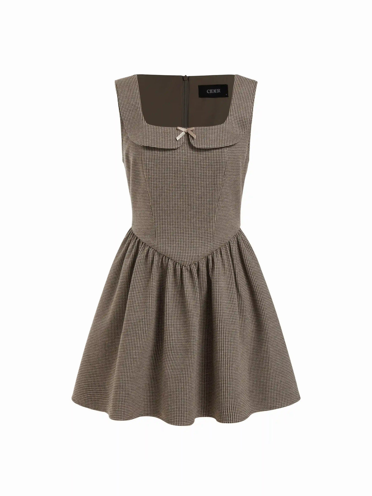 Jacquard Square Neck Houndstooth Bowknot Flared Mini Dress