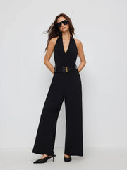 Halter Neckline Lace Trim Wide Leg Jumpsuit With Belt