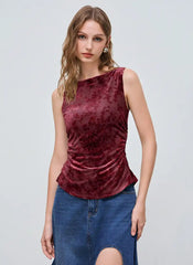 Boat Neck Floral Knotted Ruched Crop Tank Top