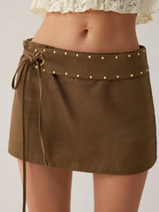 Cotton Belted Metal Detail Tie Side A-line Mini Skirt