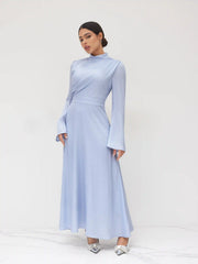Stand Collar Ruched Ruffle Lace Up Maxi Dress