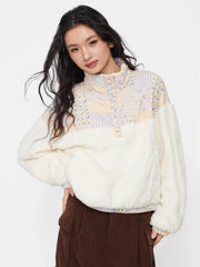 Cotton Fleece Patched Stand Collar Floral Contrasting Binding Sweatshirt