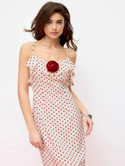 Satin Polka Dot V-Neck Ruffle Maxi Dress