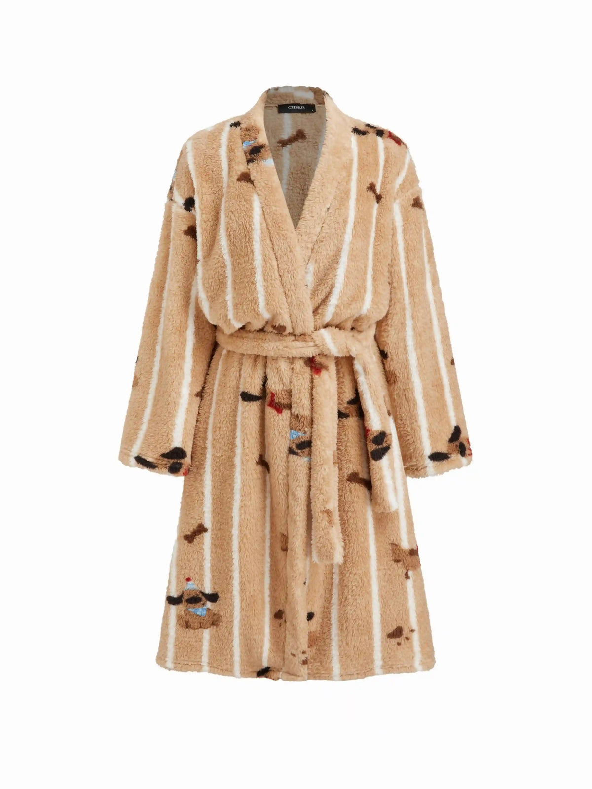 Fleece V-neck Dog Pattern Stripe Robe With Belt
