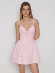 Textured Cotton V-neck Knotted Flared Mini Dress