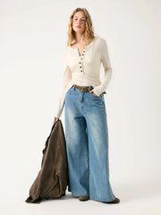 Wool-blend Round Neckline Button Long Sleeve Top
