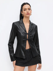 Faux Leather Collar Bell Sleeve Tie Front Bow Jacket