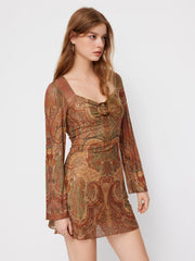 Mesh Sweetheart Neck Paisley O-Ring Ruffle Hem Mini Dress