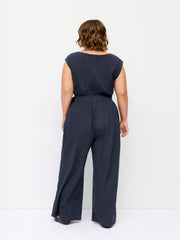 Boat Neck Stripe Ruched Knotted Wide Leg Jumpsuit Curve & Plus