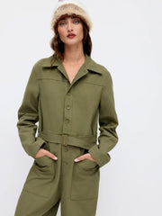 Cotton-blend Collar Straight Leg Cropped Cargo Jumpsuit With Belt