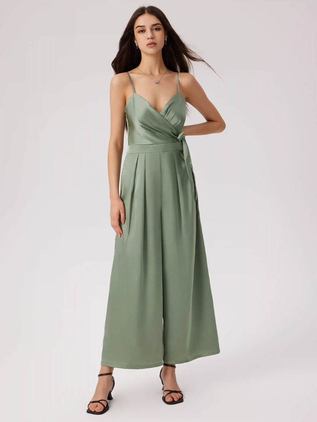 Satin Knotted Pleated Wide Leg Jumpsuit