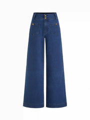 Stretch Denim High Rise Metal Button Wide Leg Jeans