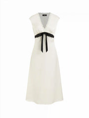 Satin V-neck Lace Trim A-line Maxi Dress
