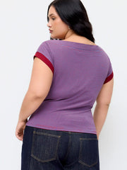Boat Neck Stripe Contrasting Binding Short Sleeve Tee Curve & Plus