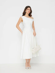 Asymmetrical Neck Pleated Ruffle Maxi Dress